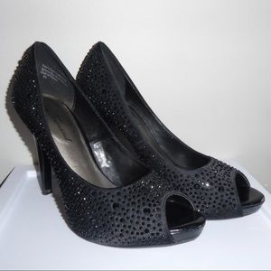 Lulu Townsend | black rhinestone peep toe heels